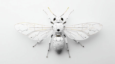 A stunning futuristic robotic bee displays its elaborate design and craftsmanship. It rests gracefully on a smooth, minimalist surface, with vibrant details shining against the clean backdrop.の素材