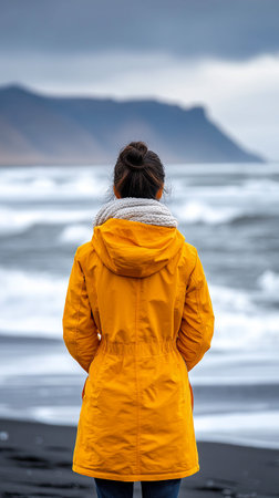 A woman stands on a black sand beach wearing a bright yellow rain jacket. She watches the waves crash against the shoreline, captivated by the dramatic landscape and cloudy skies.の素材