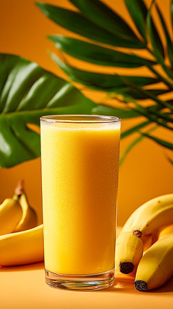 A tall glass of vibrant mango banana smoothie stands proudly next to ripe yellow bananas. Lush green leaves create a refreshing backdrop, evoking a tropical paradise.の素材