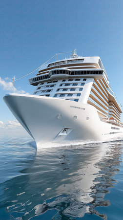 A magnificent cruise ship sails effortlessly across the calm sea, reflecting the sunlight. The clear blue sky adds a perfect backdrop to this stunning maritime journey.の素材