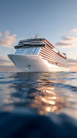 A stunning cruise ship sails gracefully over tranquil waters as the sun sets, reflecting golden hues across the surface and inviting travelers into a blissful evening journey.の素材