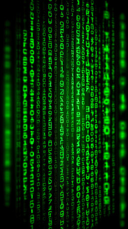 Bright green numbers and symbols flow down a dark background, creating a mesmerizing visual of digital data. The scene evokes a sense of technology and mystery in an electronic world.の素材