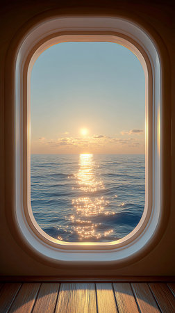 Golden sunlight spills through a round window, illuminating tranquil ocean waves. The sky and water blend in soft hues, creating a serene morning scene that calms the spirit.の素材