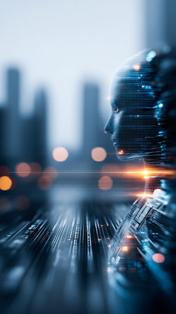 A sleek robot stands in profile against a glowing city backdrop at twilight. The vibrant lights reflect its digital nature, symbolizing the harmony between technology and urban life.の素材