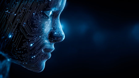 A mesmerizing blend of art and technology showcases a digital face illuminated by glowing circuits against a deep, dark backdrop. This work invites contemplation of identity and innovation.の素材