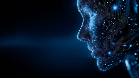 A mesmerizing digital face emanates light, showing a network of glowing circuits. This captivating scene embodies the fusion of advanced technology and human characteristics, enchanting viewers.の素材