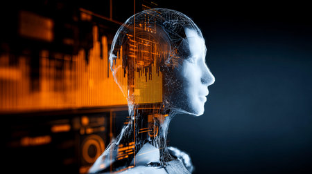 A striking representation showcases a humanoid figure, blending artificial intelligence with digital design. Vibrant data streams illuminate the space, hinting at innovation and evolution.の素材