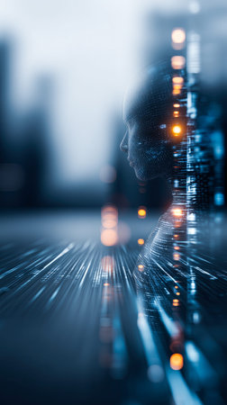 In a dreamlike city at dusk, digital lines blur and merge with a human silhouette, symbolizing the harmony between technology and human existence.の素材