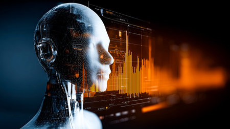 A sleek humanoid figure stands in a dark environment, surrounded by vibrant data visualizations.の素材