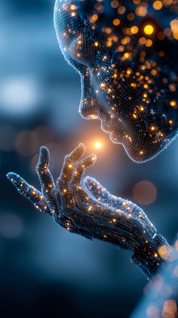 A stunning, futuristic figure illuminated by a cascade of shimmering lights holds his hand close to his face. The atmosphere feels calm, filled with a sense of wonder and introspection.の素材