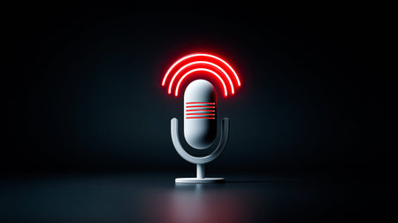 A modern microphone stands proudly against a black backdrop, glowing with vibrant red sound waves above. It's a perfect scene for capturing the essence of music and broadcasting.の素材