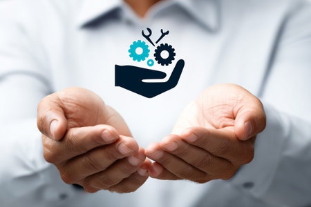 Two open hands extend forward, symbolizing a welcoming attitude toward new ideas. Above them, gears and tools float, representing creativity and teamwork in problem-solving.の素材