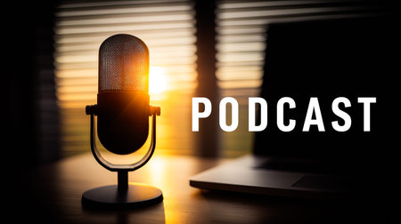 A vintage microphone stands proudly in a cozy podcast studio as the sun sets, casting a golden glow on the space and illuminating a nearby laptop, ready for recording.の素材