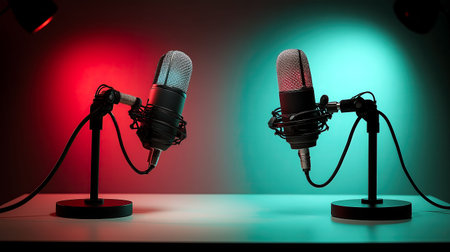 In a studio lit with striking red and blue hues, two modern microphones stand poised on elegant stands. They are set for an exciting recording session or podcast, inviting creativity and expression.の素材