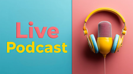 Brightly colored headphones and a microphone are showcased as they prepare for an exciting live podcast. The dynamic colors create an inviting atmosphere for listeners and hosts alike.の素材