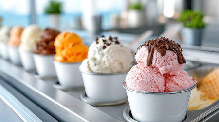 Colorful scoops of ice cream are artfully arranged in small cups, showcasing flavors like chocolate, vanilla, and strawberry.の素材