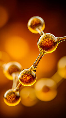 Delicate molecular structures shine with glowing golden colors, creating a mesmerizing pattern that captures the beauty of science and chemistry in a stunning display of light and form.の素材