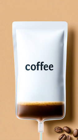 A sleek coffee infusion bag slowly drips flavorful brew, sitting against a warm, neutral background. Coffee beans nearby add to the inviting atmosphere, perfect for a coffee lover's delight.の素材