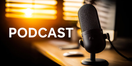 A sleek black microphone stands prominently on a wooden desk, bathed in warm sunlight. This inviting setup hints at thoughtful discussions and creativity, perfect for podcast recordings.の素材