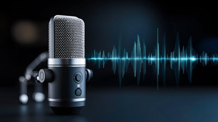 A sleek microphone stands tall under soft lights, capturing sounds in a professional recording studio. Sound waves pulse dynamically, reflecting the creative energy of the moment.の素材