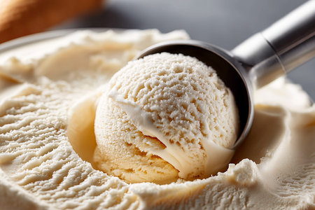 A gleaming metal scoop remains atop a tub of silky vanilla ice cream, inviting sweet indulgence. The rich texture of the ice cream promises a delightful treat on a warm day.の素材