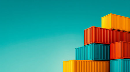 Brightly colored shipping containers form an eye-catching stack against a serene blue background. This scene captures the blend of industry and creativity on a sunny day.の素材