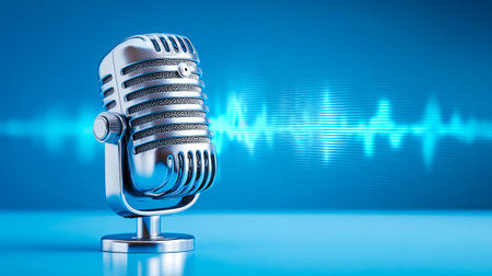 A classic microphone shines brilliantly, reflecting the rich history of music. Vibrant blue waves of sound pulse behind, inviting creativity and inspiring endless lyrical journeys.の素材