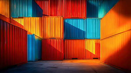 Bright shipping containers stack beautifully in a warehouse, painted in shades of orange, red, and blue. The warm rays of sunset cast playful shadows, creating a stunning visual display.の素材