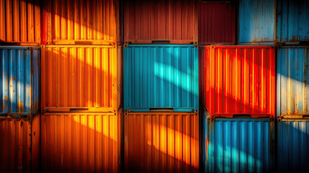 Rows of brightly colored shipping containers form a stunning backdrop illuminated by warm afternoon sunlight. Shadows dance across the surfaces, enhancing the artistic feel of the scene.の素材