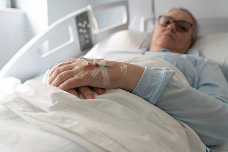 In a hospital room, a patient remains in bed post-surgery. She gazes thoughtfully, reflecting on the...