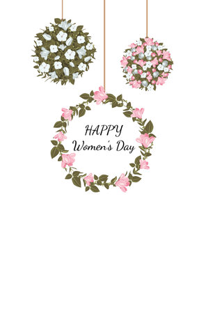 8 march. Happy Woman s Day. Vector minimalistic congratulation card with floral wreath and hanging balloons from bouquets of flowers on white background.のイラスト素材