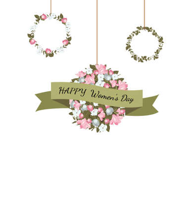 8 march. Happy Womans Day. Vector minimalistic congratulation card with floral wreath and hanging bouquets of flowers on white background.のイラスト素材