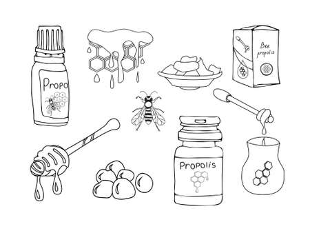 Vector propolis set with honeybee, jar, honeycomb and propolis bottle isolated on white background. Doodle style illustration.のイラスト素材