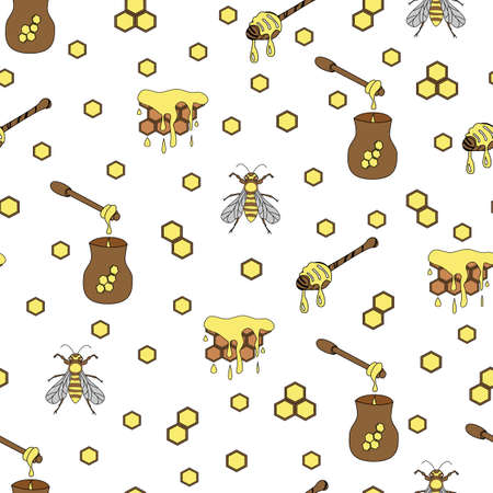 Vector colored pattern with sweet honey elements. Repeating pattern with honeycombs, honey, bees and jar. Seamless pattern for textile or wrapping paper isolated on white backgroundのイラスト素材