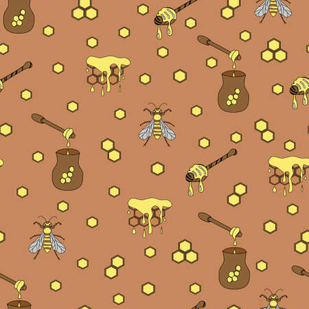 Vector colored pattern with sweet honey elements. Repeating pattern with honeycombs, honey, bees and jar. Seamless pattern for textile or wrapping paper isolatedのイラスト素材