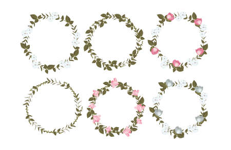Vector set of beautiful floral wreaths. Festive wreaths, round frames with leaves, magnolias and cotton on white background. Green, pink, blue elements for wedding, spring and summer designのイラスト素材