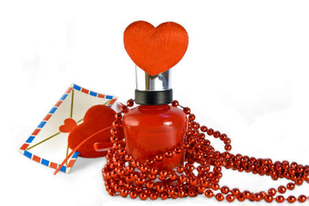 Red Nail polish, two heart, beads, Envelopeの写真素材