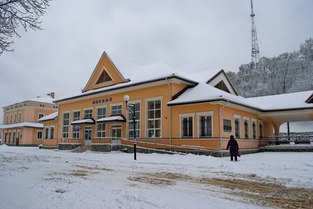 Station building in the snow Podzamche Lionsの写真素材