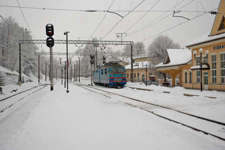 Diesel locomotive is at the station Podzamche Lvov のeditorial素材
