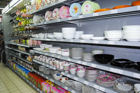 crockery on shelves in marketのeditorial素材