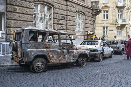 Off-road wreck, car UAZ in cityのeditorial素材