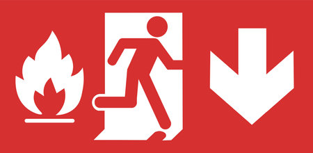 Isolated red fire exit icon with down arrow.のイラスト素材