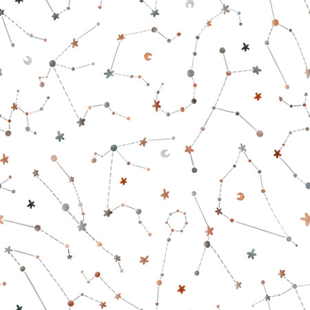 Watercolor seamless childrens pattern with stars and constellations of all zodiac signs. Perfect for posters, postcards, textiles, packaging, printsの写真素材