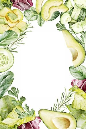 Watercolor frame with hand-painted vegetables and herbs. Design element for a healthy lifestyle, diet menu, cookbook, packaging. Place for your text.の写真素材