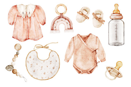 Watercolor hand-drawn clipart with illustrations of cute baby girl clothes and accessories. Perfect for posters, postcards, baby shower, packaging, invitations, birthday, decoration and moreの写真素材