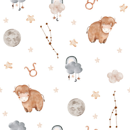 Watercolor seamless pattern with zodiac sign Taurus, cloud, stars, horoscope symbol, constellation for posters, postcards, textiles, packaging, printsの写真素材