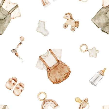 Watercolor baby clothes, bottle, pacifier, toys, shoes, socks and a horse. Seamless pattern with baby toys and accessories on white backgroundの写真素材