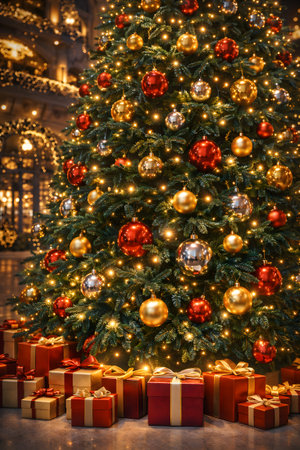 Christmas tree with red and gold balls and gifts. Christmas background.の素材