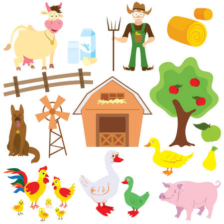 Big set of cartoon characters and elements of the farm. Buildings, farmer, livestock, trees. On a white background.のイラスト素材