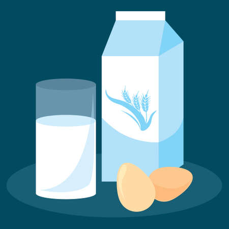 Cows, sheep, goats, glass, egg, egg, soy, rice, oat or coconut milk illustration on blue backgroundのイラスト素材